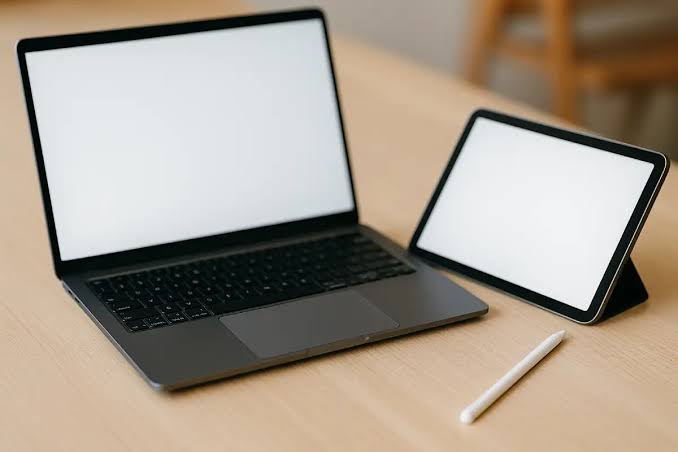 Laptop and tablet with stylus displayed side by side on a desk