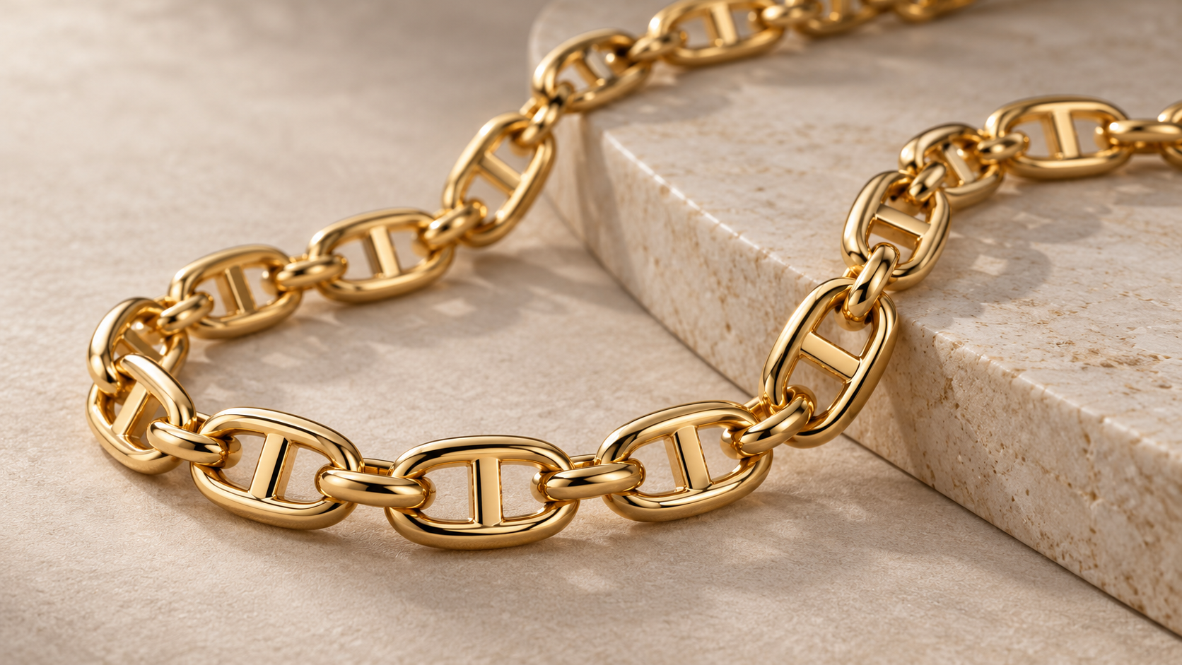 Gold mariner chain with oval anchor-style links on a neutral background