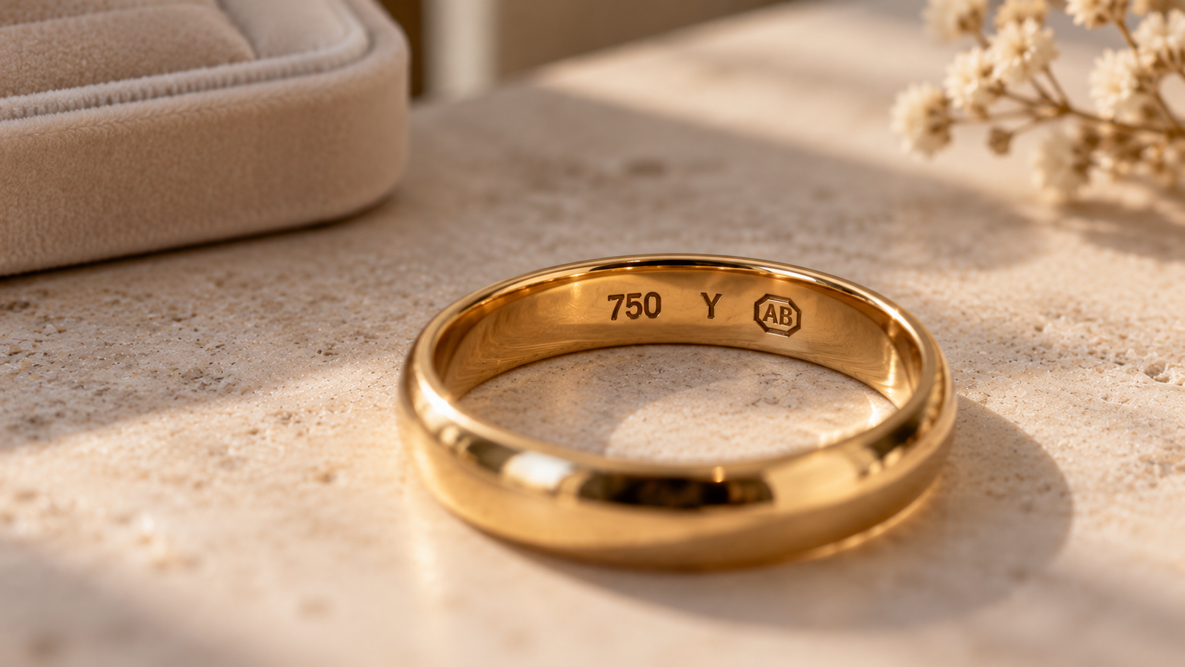 Gold ring with visible 750 and letter hallmark codes on a warm beige surface
