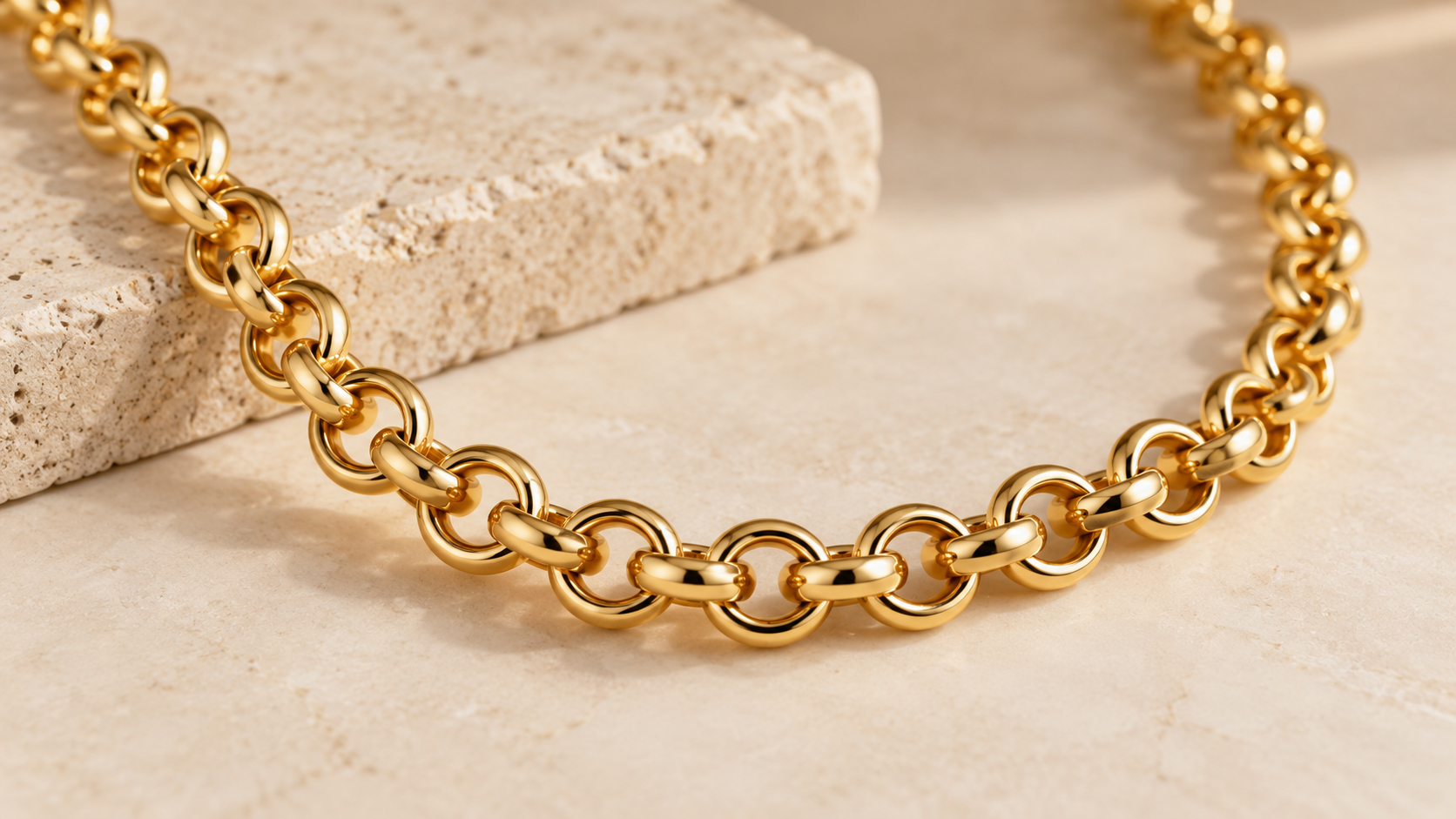 Gold rolo chain with round interlocking links on a neutral stone background