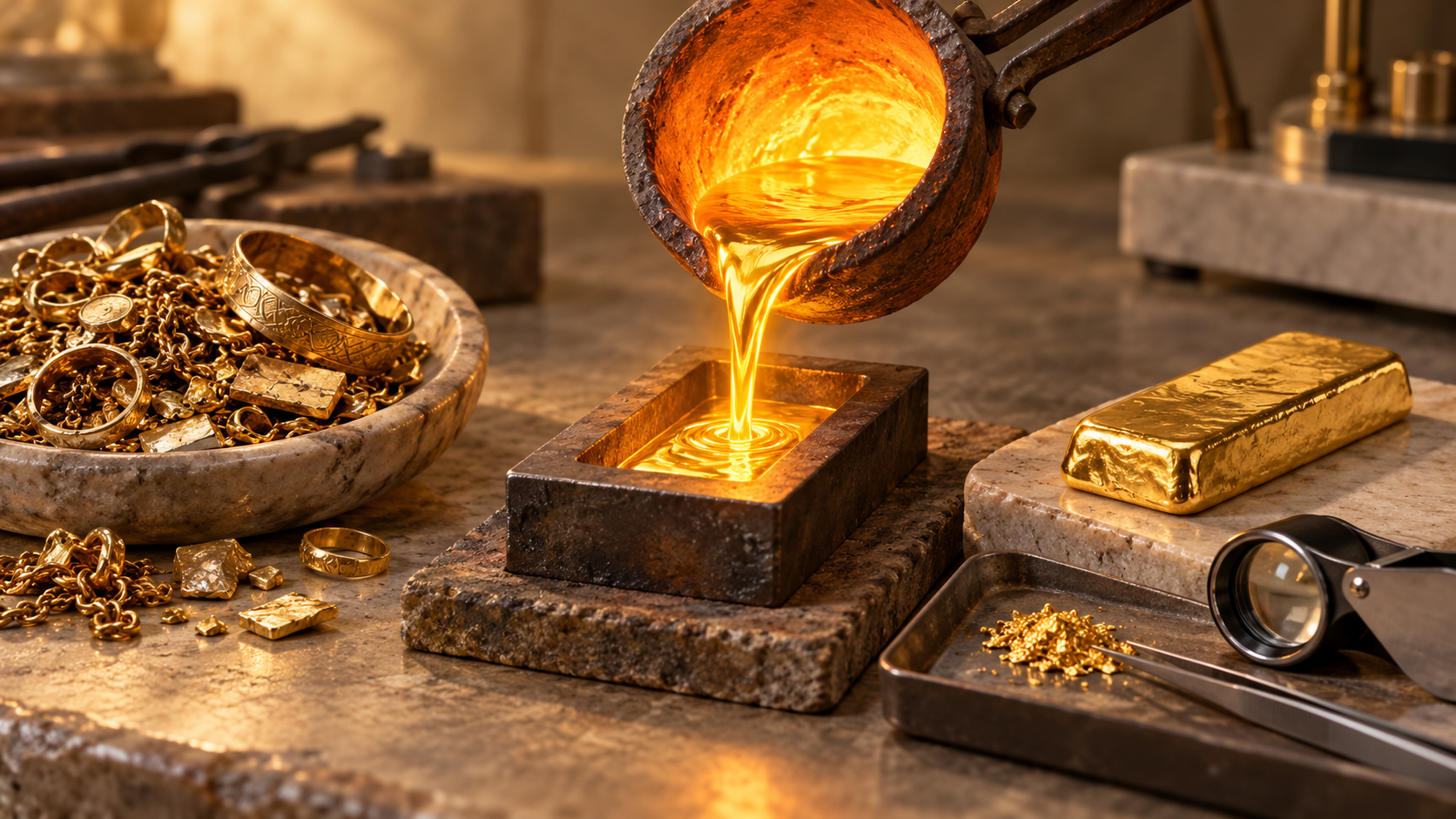 Molten gold being poured into a mold beside recycled gold jewelry and a finished gold bar