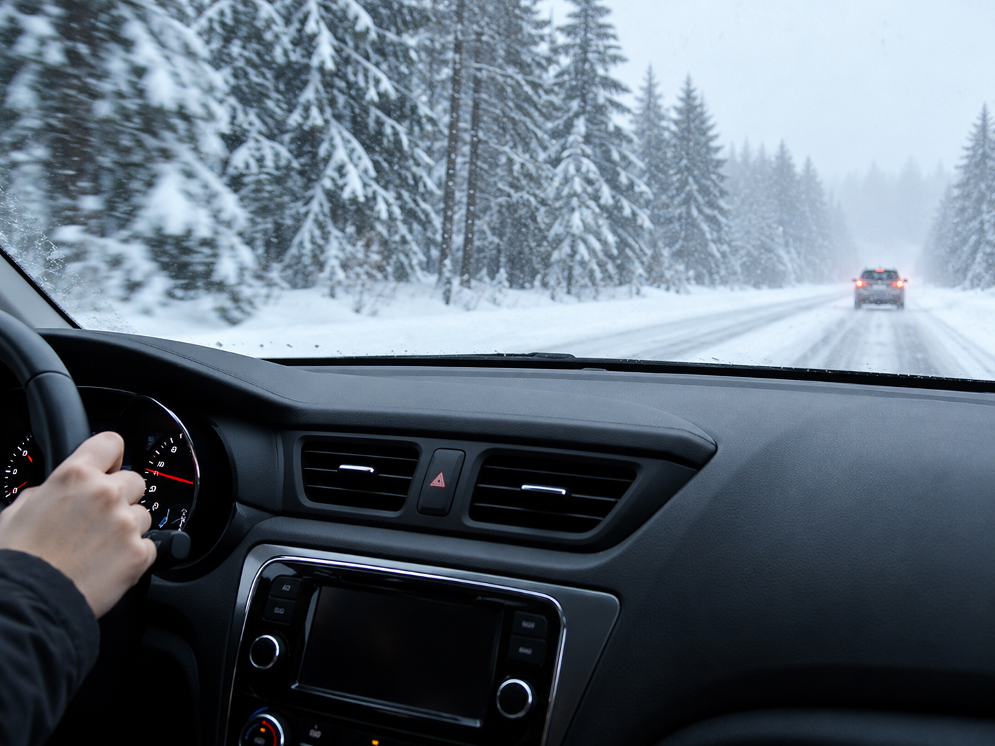 Driving on a snow-covered road through a winter forest, viewed from inside a car.