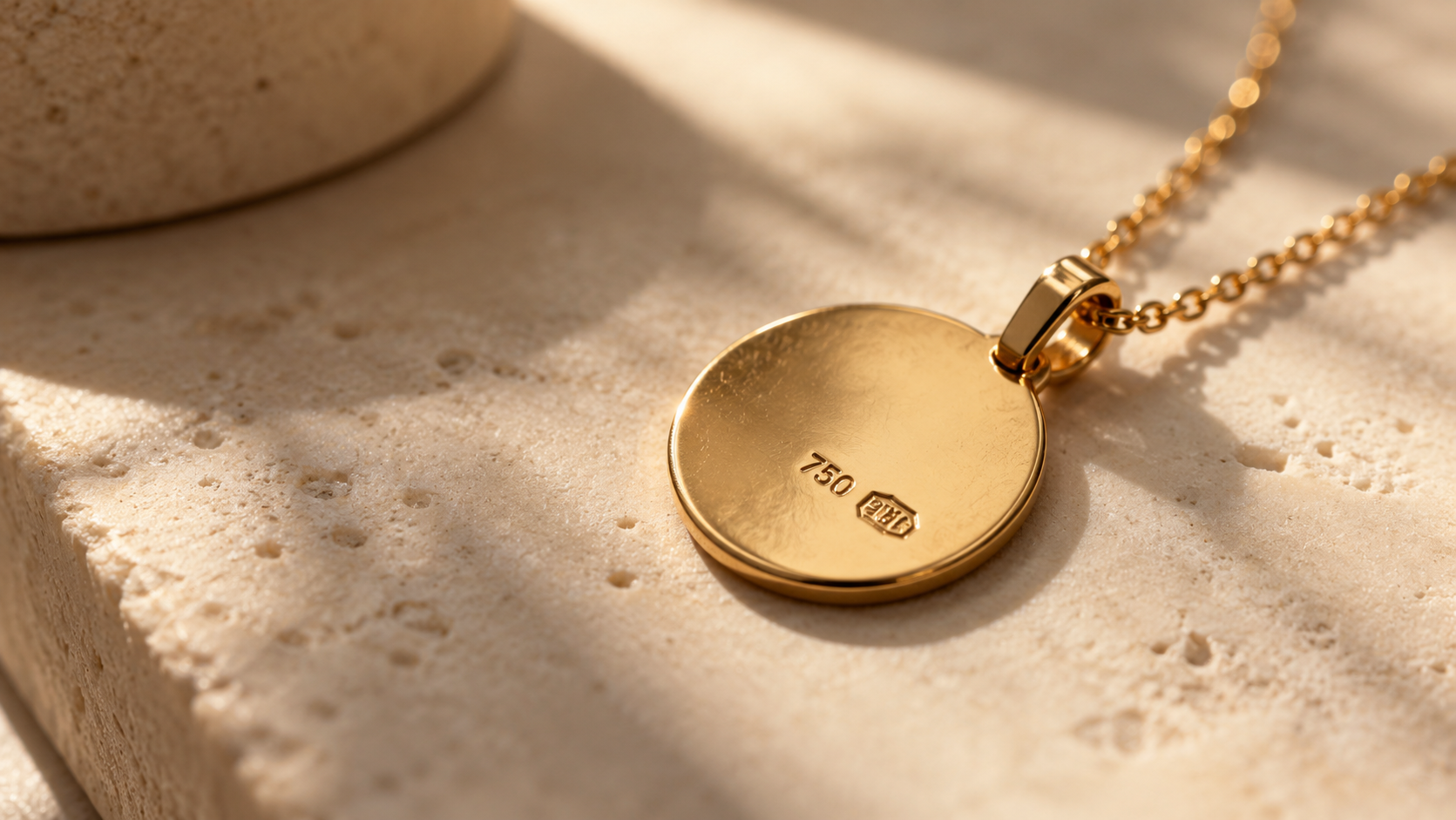 Gold pendant with a visible 750 hallmark code on a natural stone surface