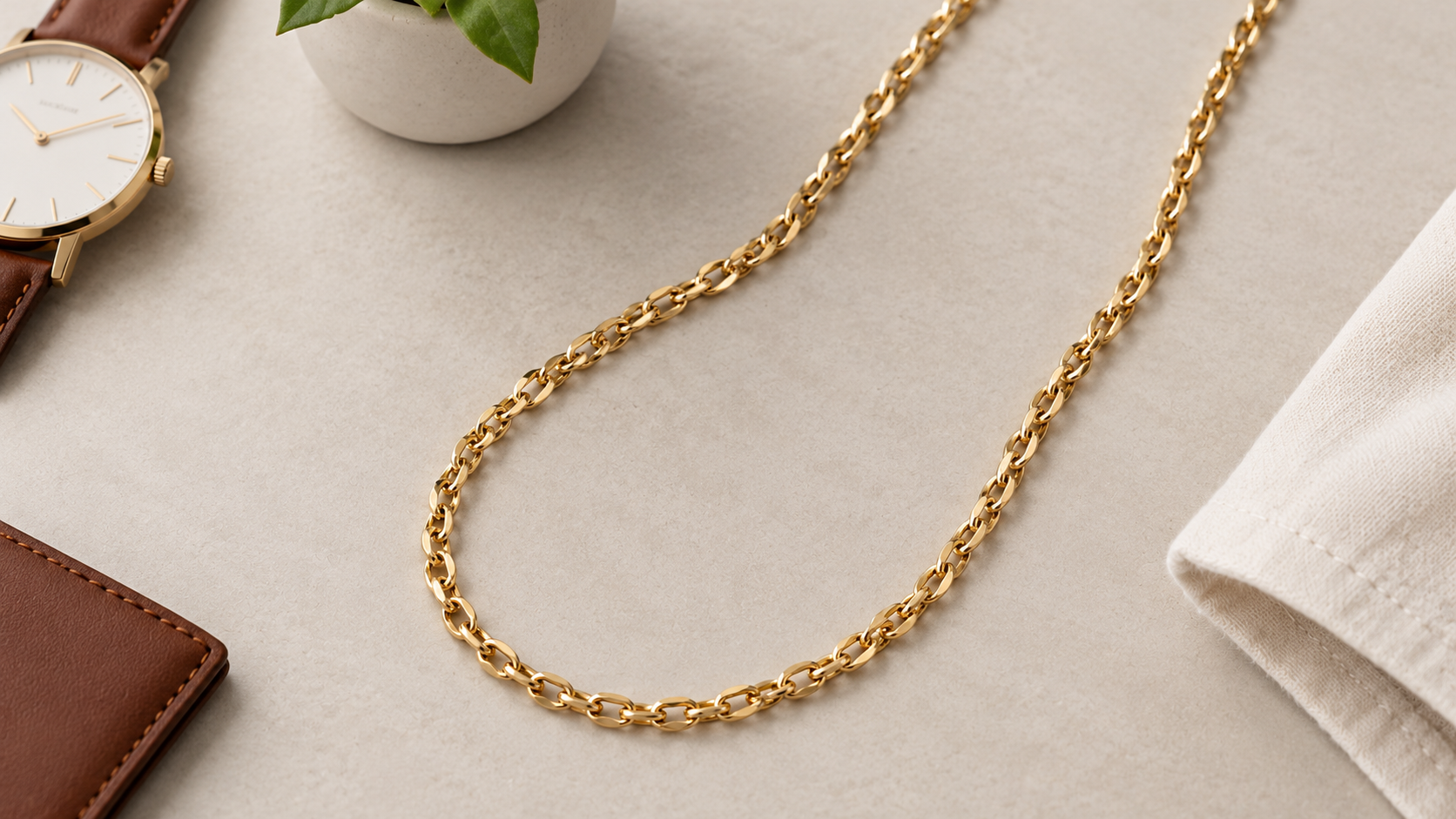 Gold chain styled for everyday wear with a watch and leather accessories