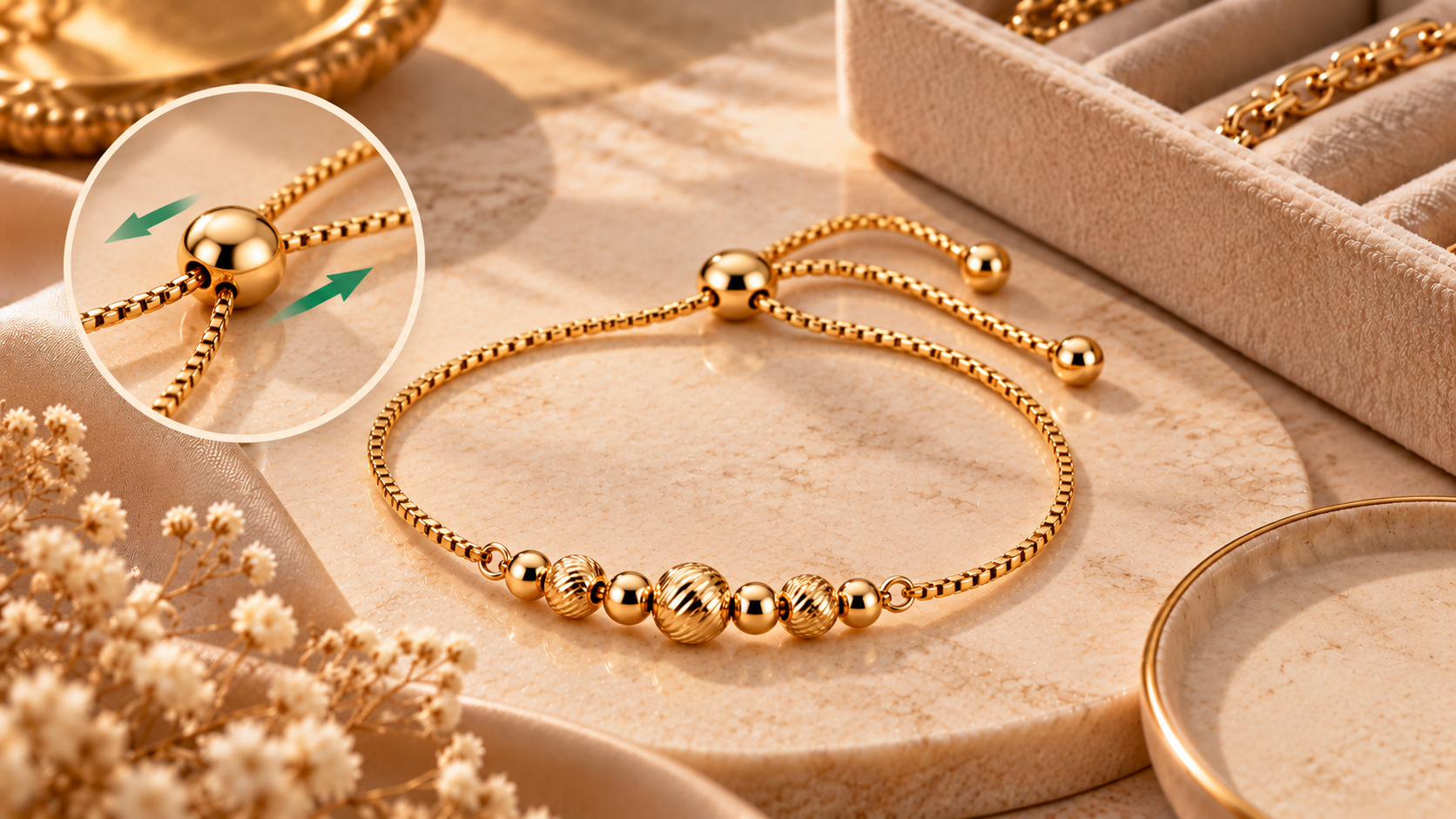 Gold bolo bracelet with adjustable slider and decorative gold beads on a beige luxury background