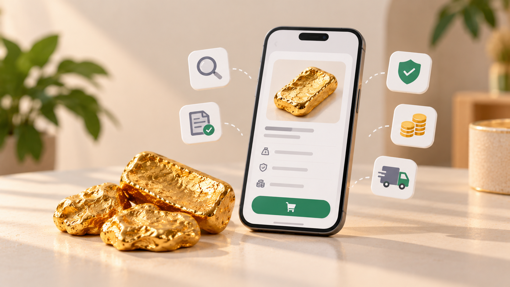 Online melted gold purchase shown on a smartphone with security, pricing and delivery icons
