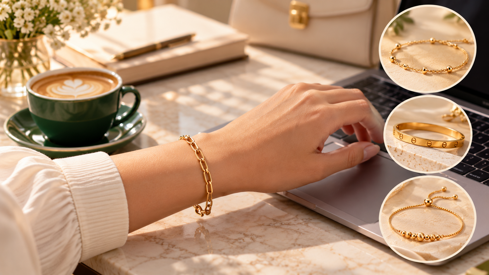 Gold bracelet worn during everyday laptop use with different bracelet styles shown for comparison