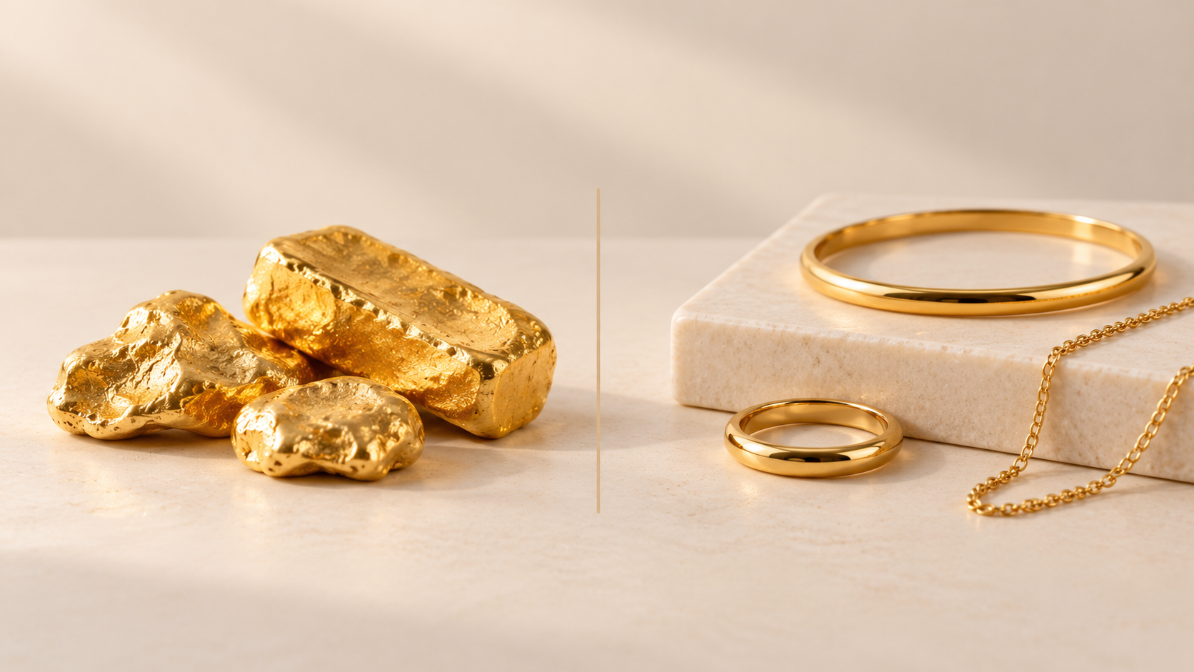 Melted gold pieces beside minimalist gold jewelry on a warm beige background