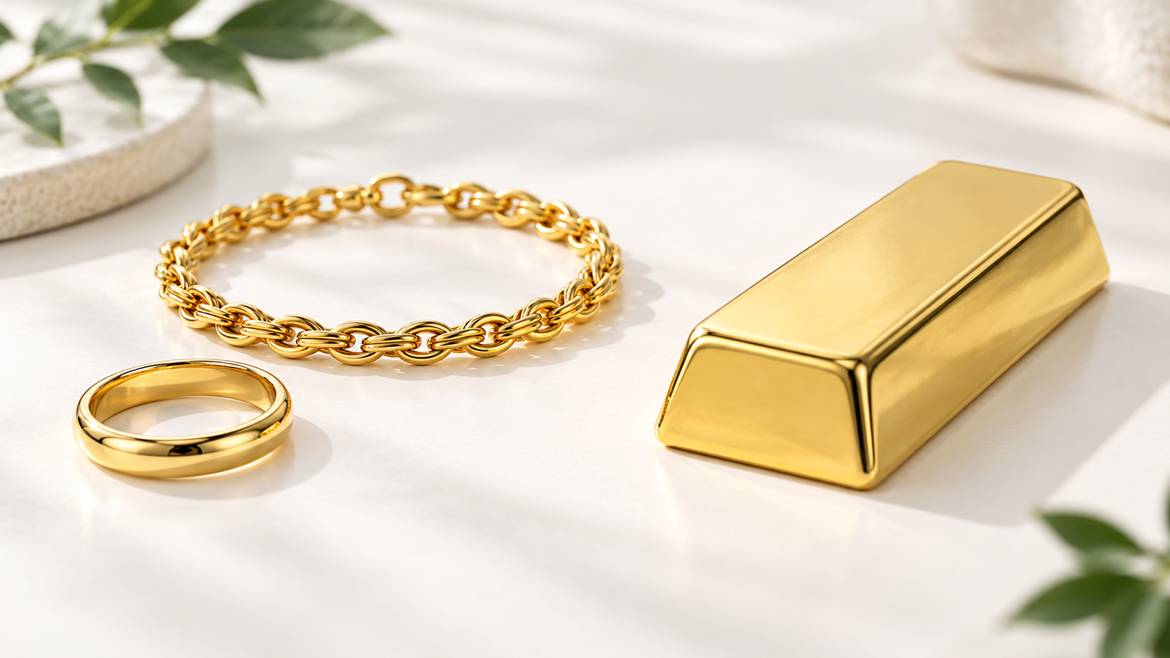 Gold ring and bracelet beside a gold bar