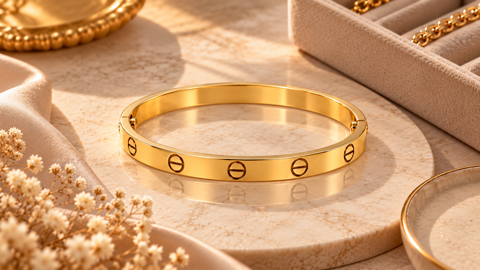 Gold Cartier-style bangle bracelet with screw motifs on a warm beige luxury background