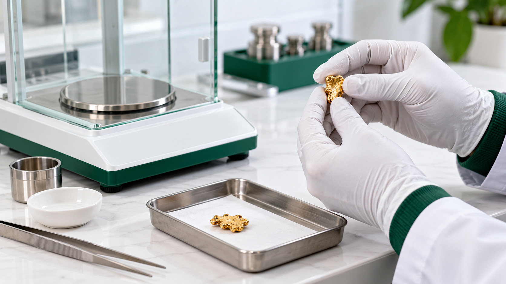 Gloved hands examining a gold sample beside a laboratory scale