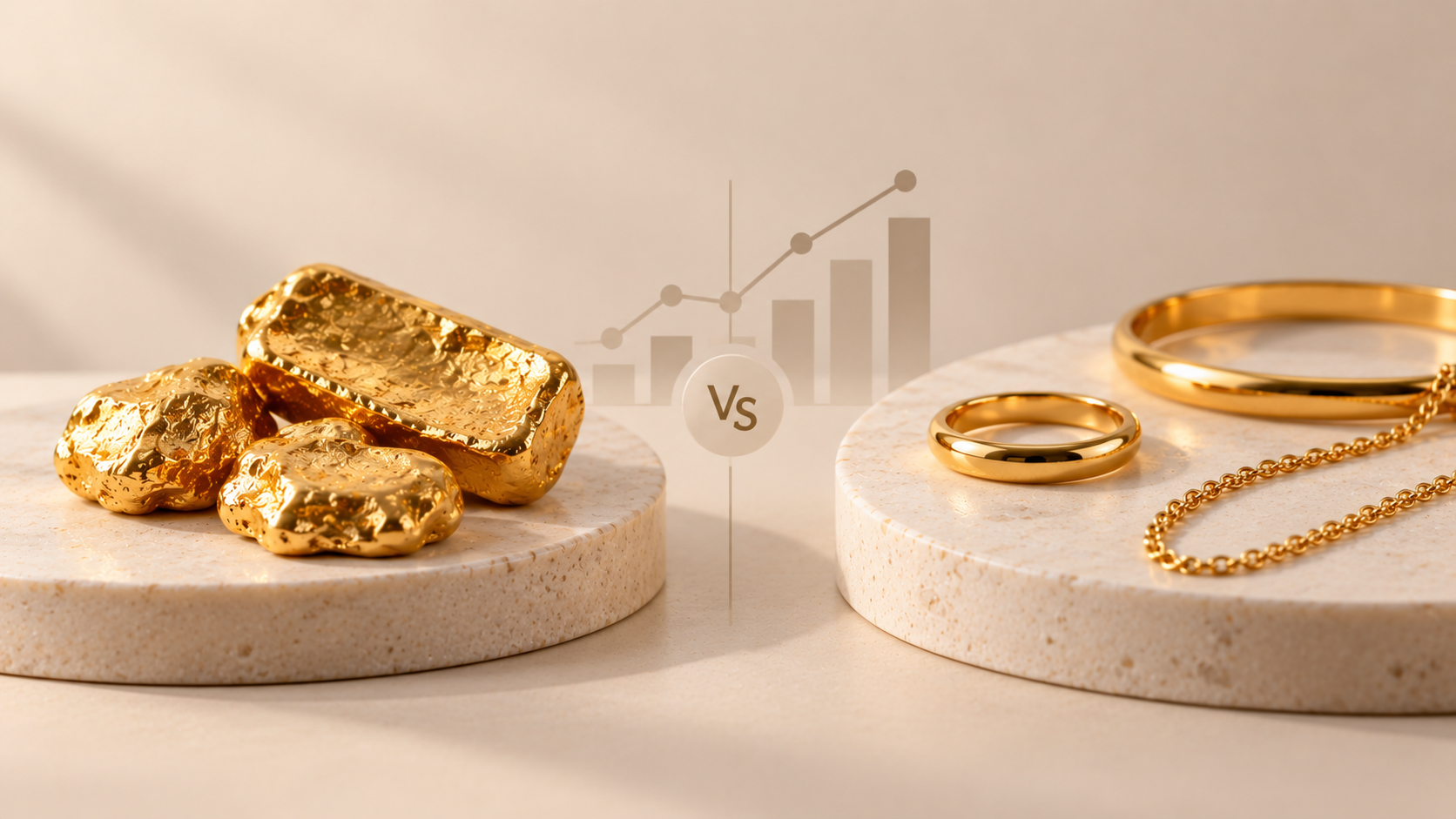 Melted gold pieces compared with 18K gold jewelry on a minimalist beige background