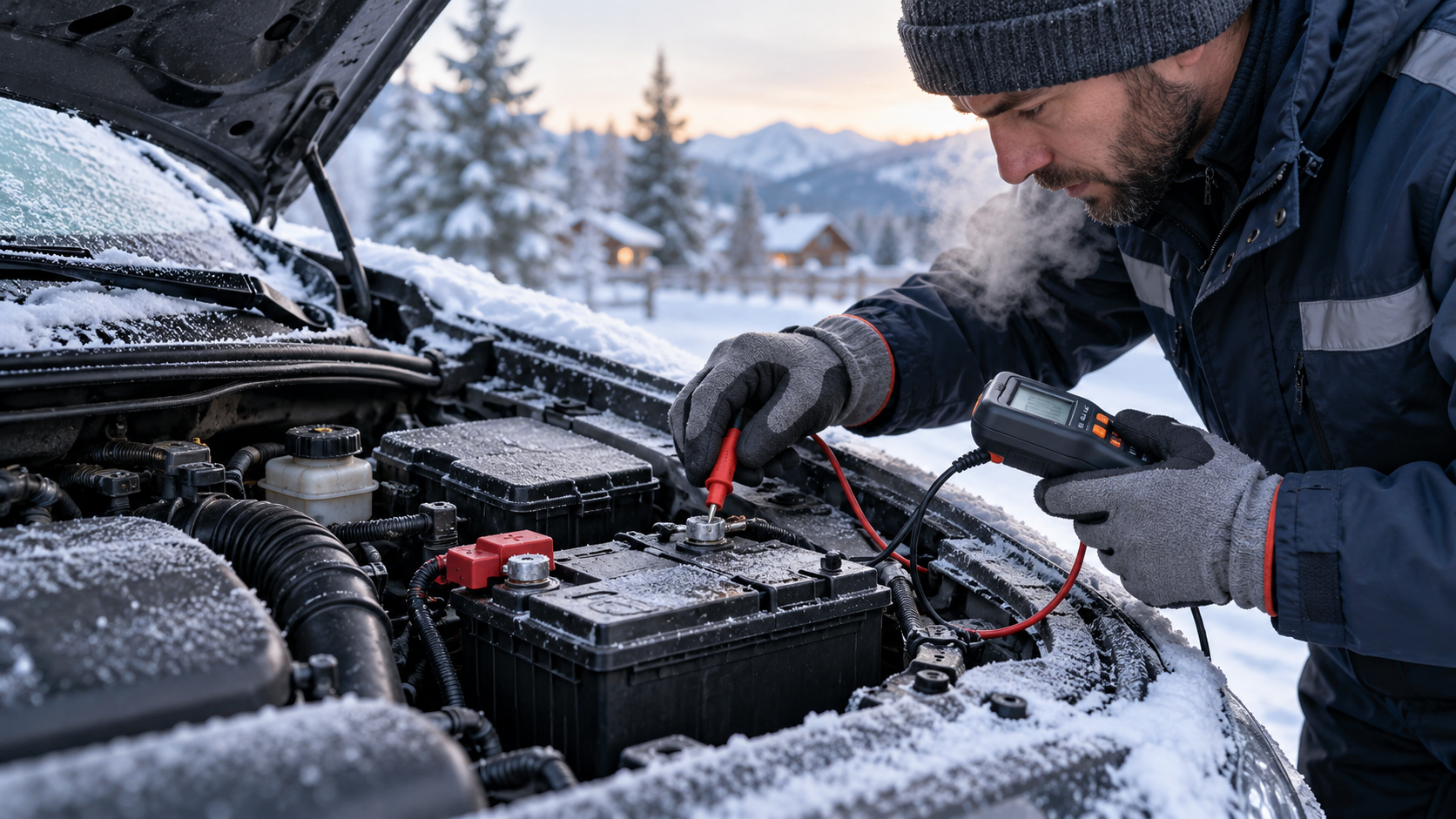 Mechanic checking car battery voltage with a multimeter before winter in snowy weather.