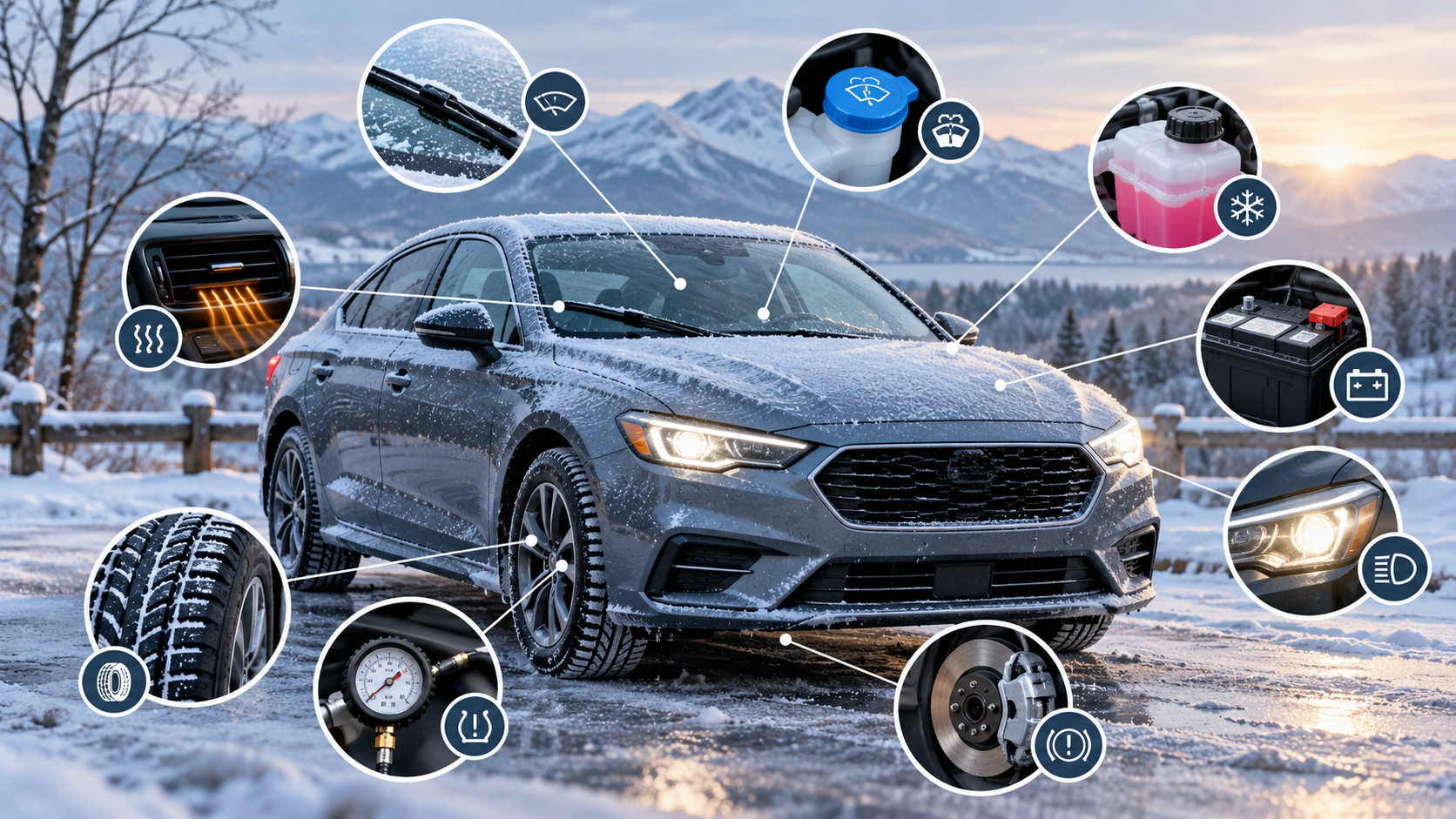 Winter car maintenance checklist covering tires, battery, antifreeze, brakes, headlights, and windshield wipers.