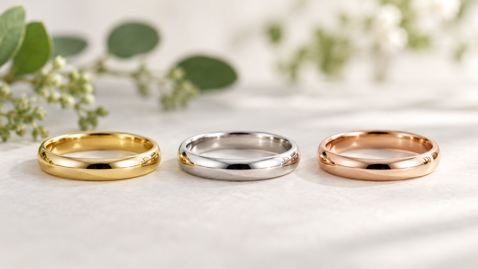 Yellow, white and rose gold rings arranged side by side