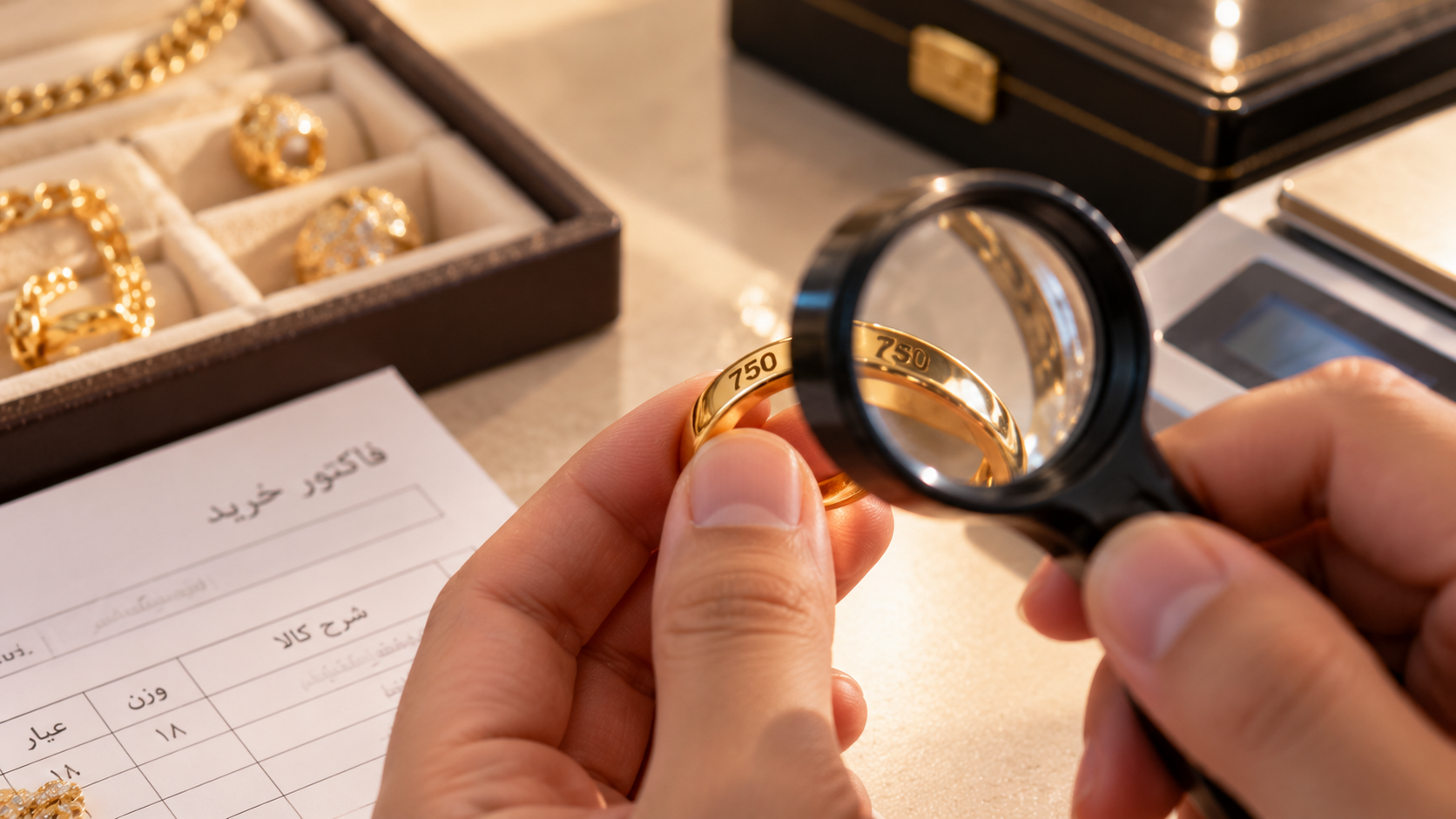 Gold ring hallmark inspection with purchase invoice and jewelry verification tools