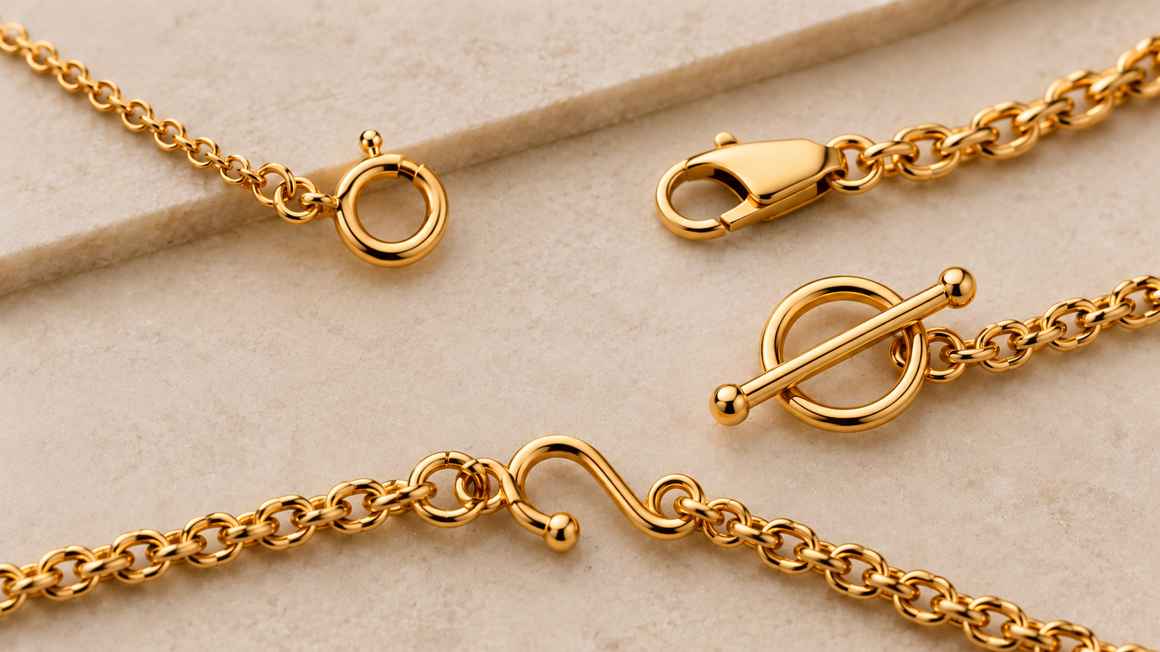 Different types of gold chain clasps including spring ring, lobster, toggle, and S-hook clasps
