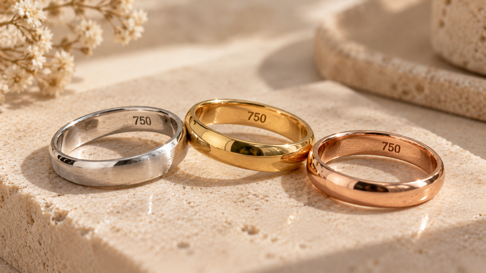 White, yellow and rose gold rings with matching 750 hallmark codes on a beige stone surface