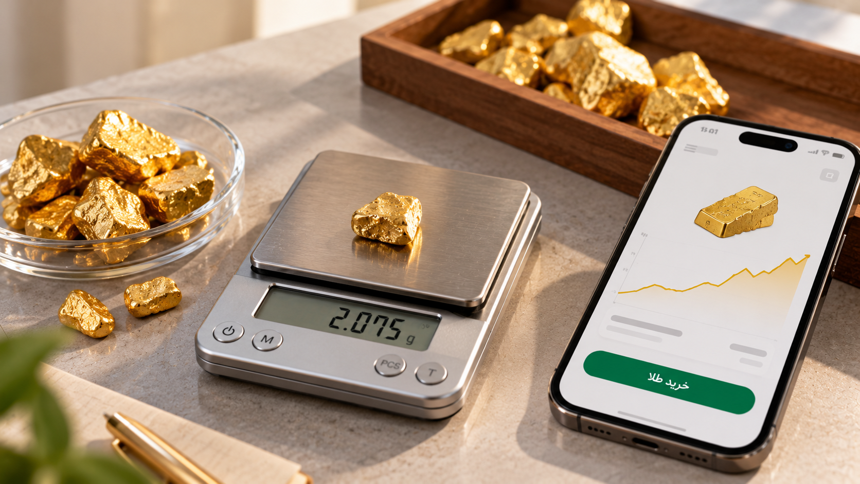Online melted gold purchase with a digital scale showing weight in grams beside a gold trading app