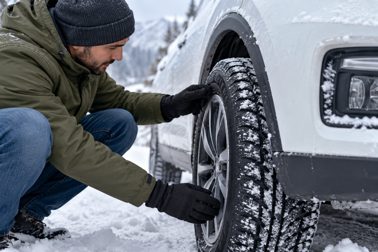 Man checking winter tire tread on a snowy SUV before driving in cold weather.