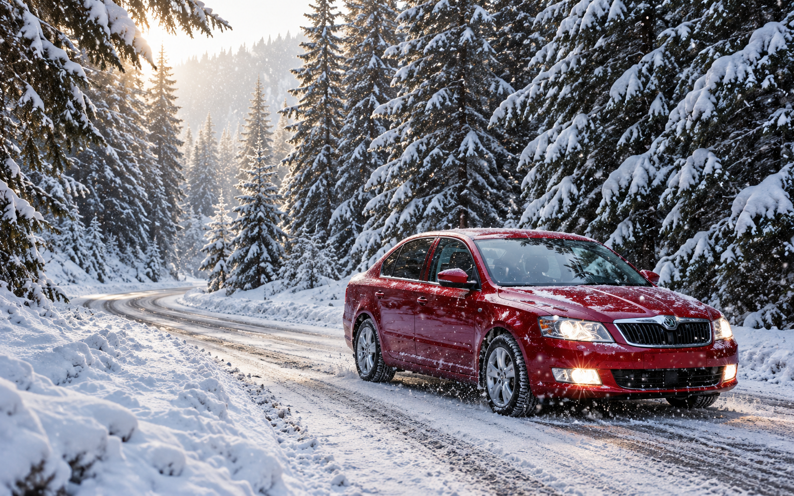 Red sedan driving on a snow-covered forest road surrounded by snowy pine trees in winter.