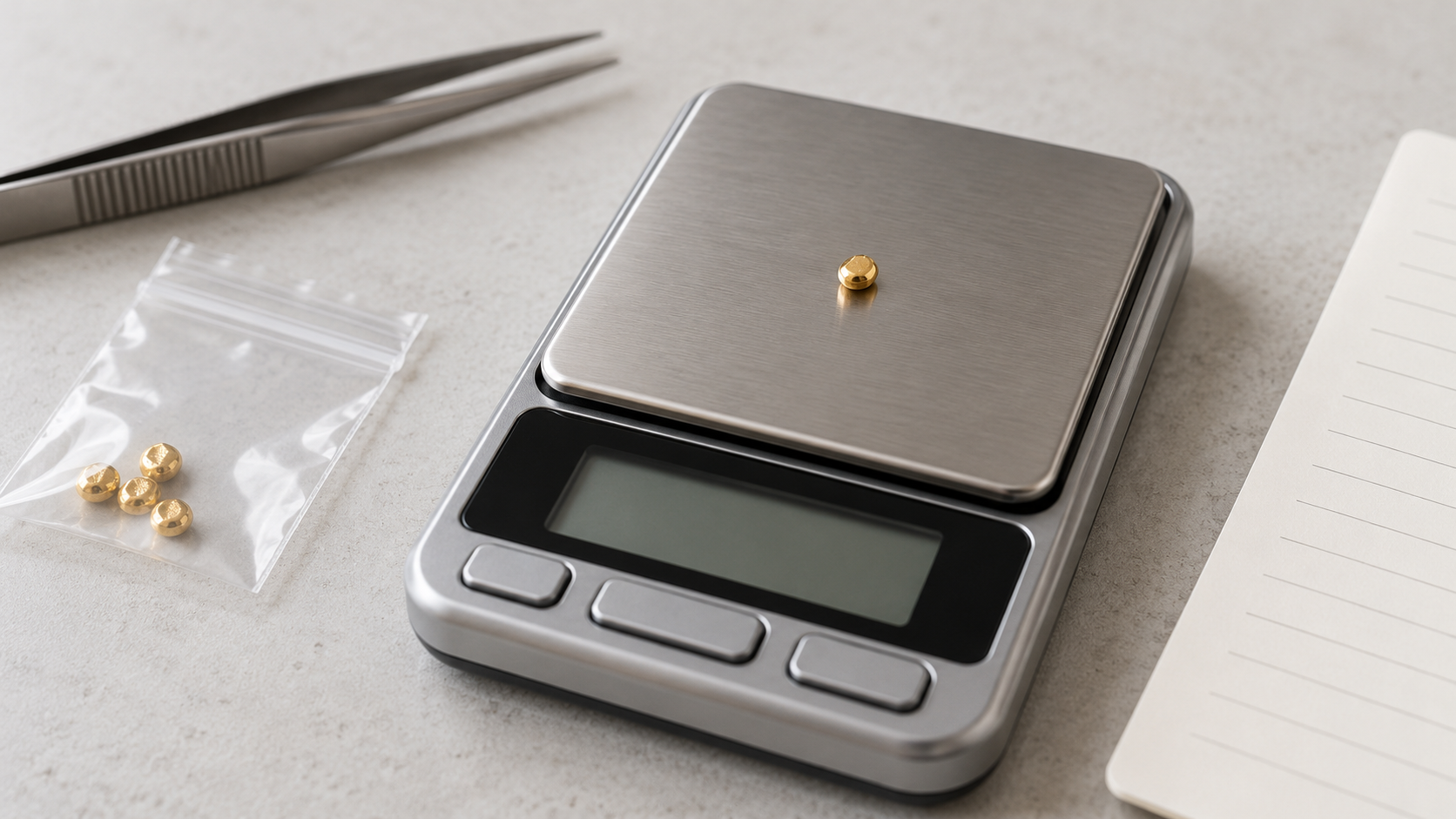 Measuring a tiny amount of gold on a digital scale to illustrate gold sot weight