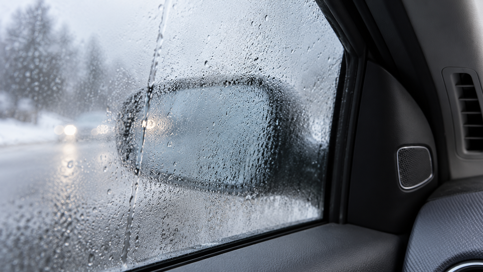 Fogged car side window covered with condensation during cold winter weather, reducing visibility.