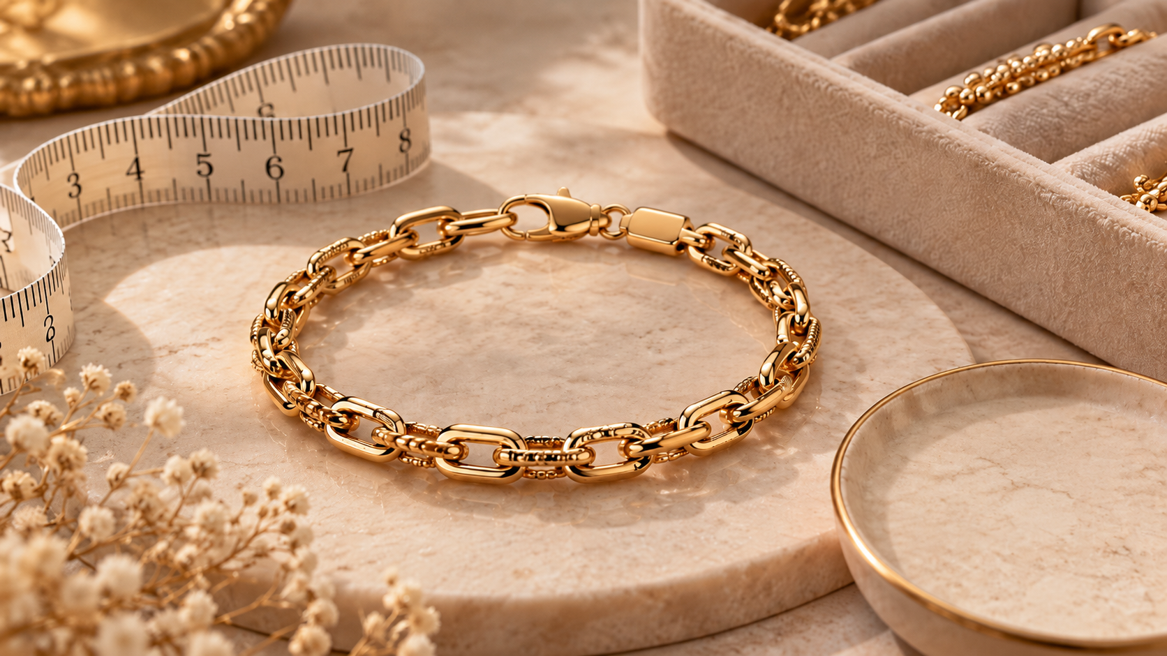 Gold bracelet with measuring tape and clasp details for choosing the right size