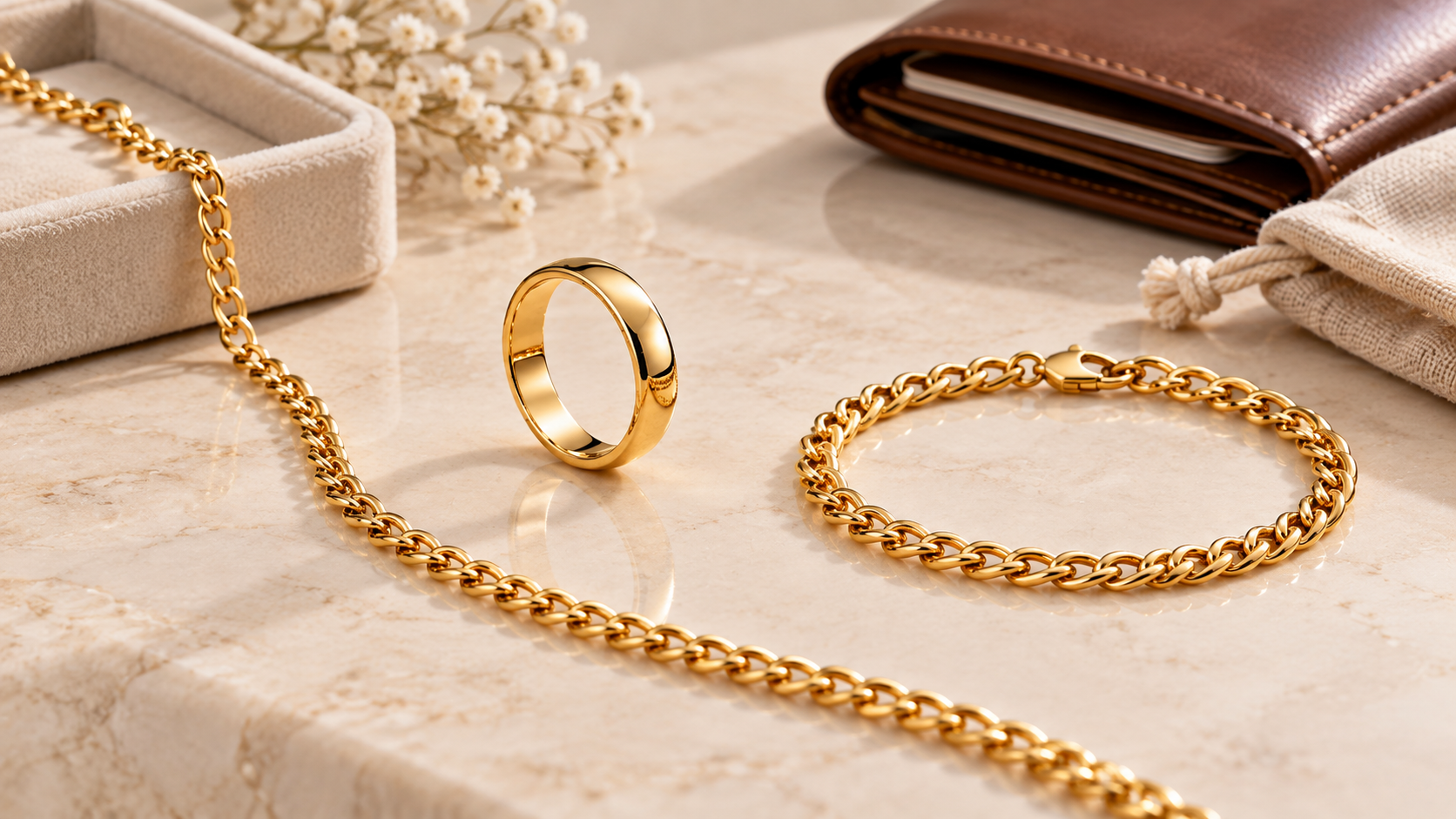 Low-making-charge gold jewelry including a simple ring, chain, and bracelet arranged on a neutral background