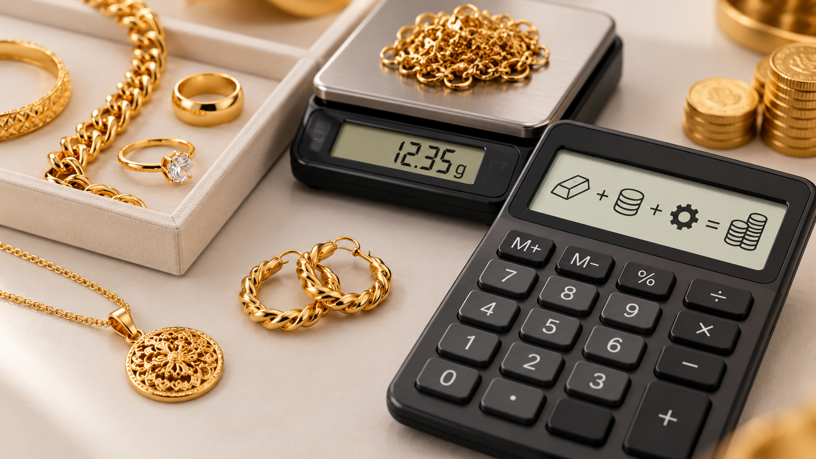 Gold jewelry with a digital scale and calculator for calculating gold making charges