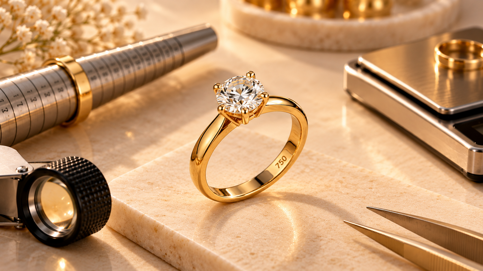 Gold solitaire ring with 750 hallmark displayed on a jeweler’s workbench