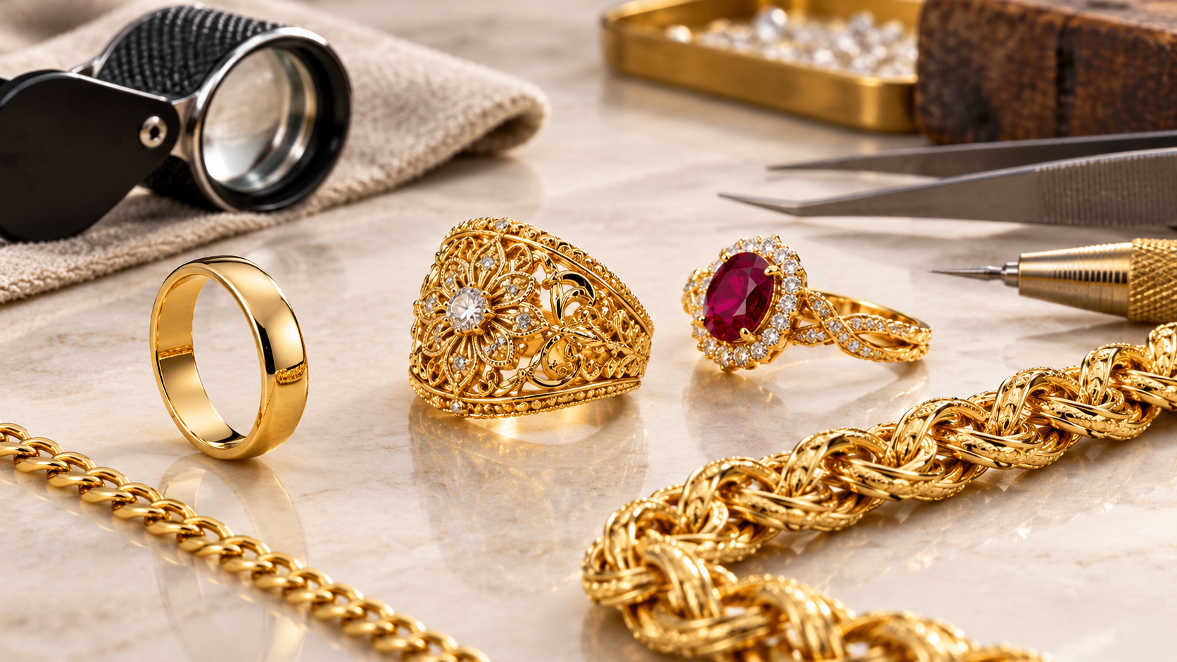 Close-up of gold jewelry, chain details, and jeweler tools illustrating why some gold pieces have higher making charges.