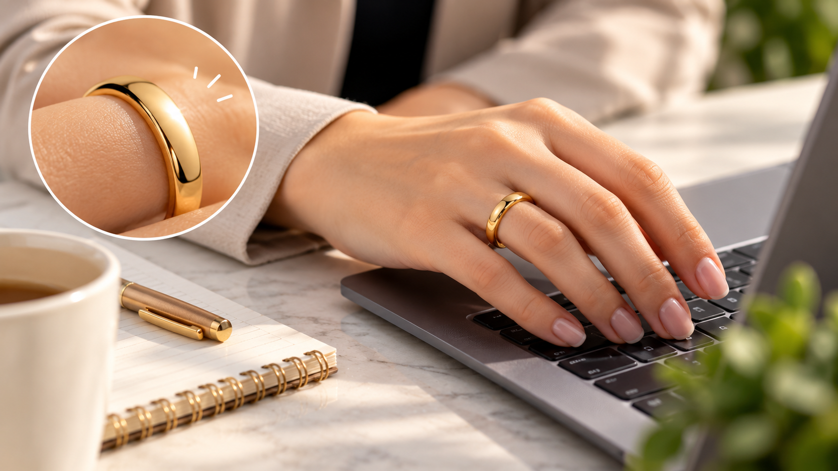 Gold band ring worn during everyday laptop use with a smooth, comfortable design