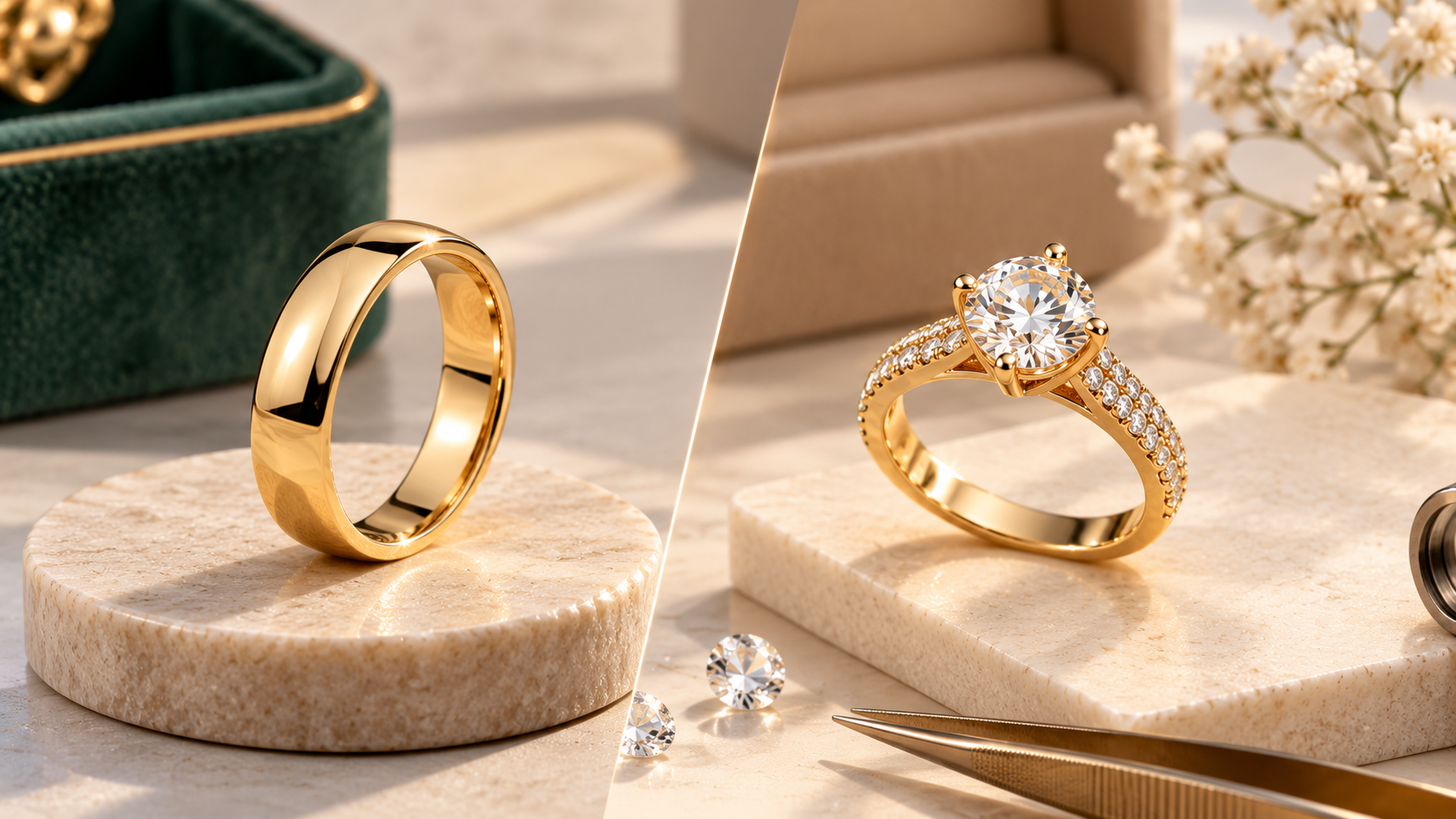 Plain gold band and diamond-set gold ring compared side by side